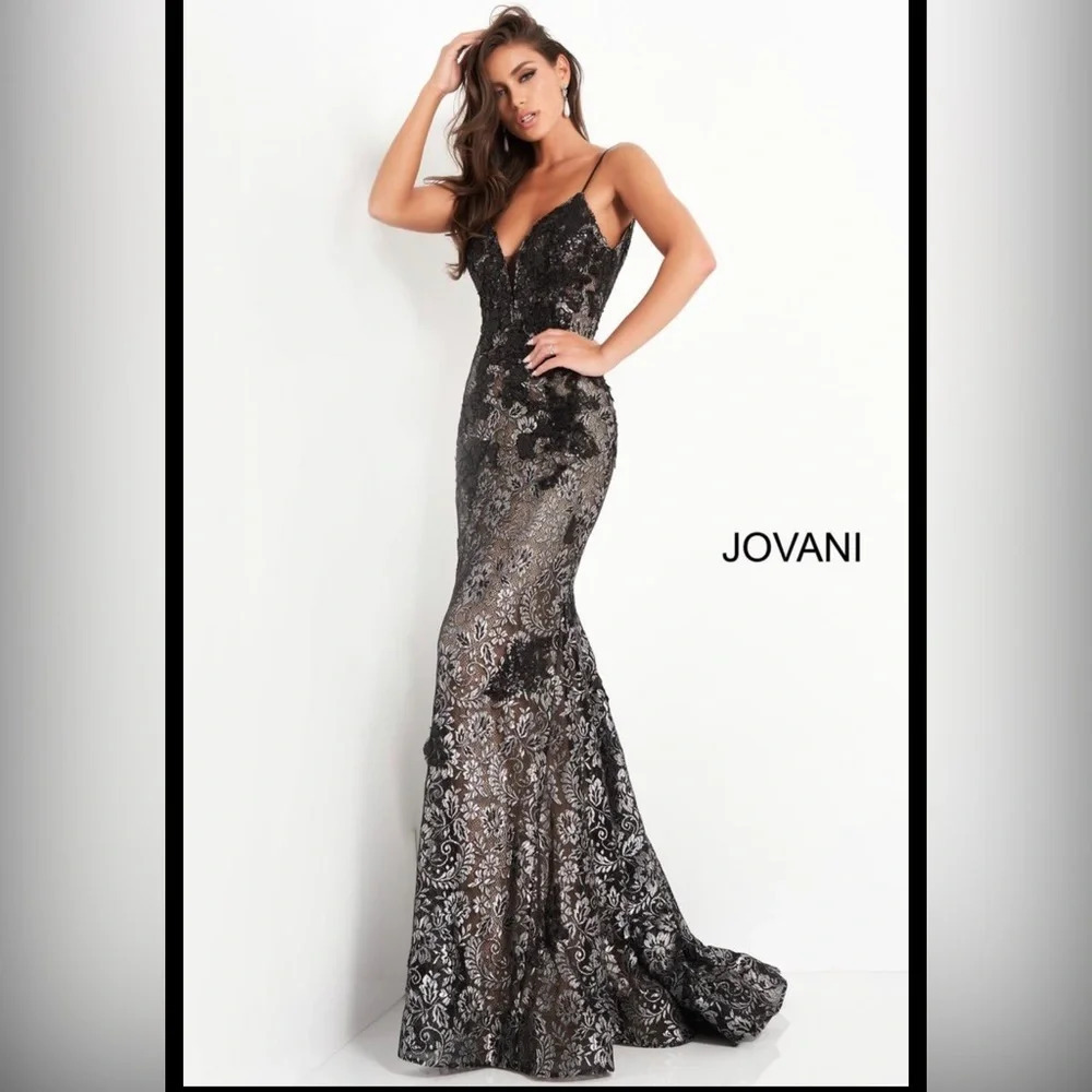 ! JOVANI 06438 Metallic Lace Prom Dress blue